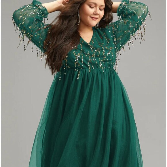 BloomChic Plus Size Sequin Mesh Patchwork Tassel Dress 2XL us 18 - Picture 3 of 5